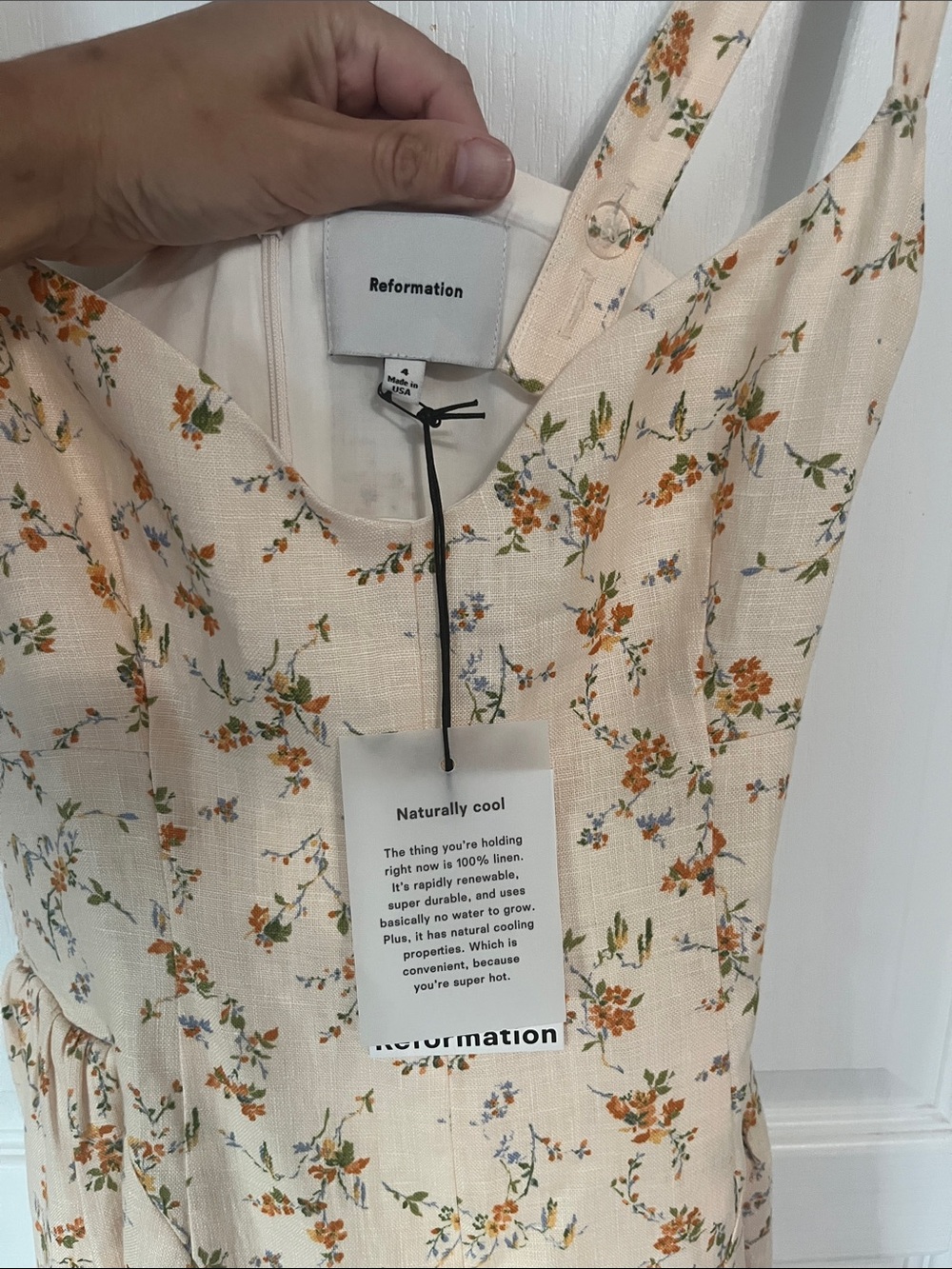 Reformation Cream Floral Midi Dress with Orange and Green Sprig Print